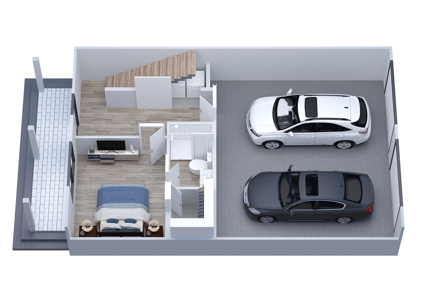 3d first floor floor plan of a luxury townhome in Tuscaloosa, AL - Conceptual drawing of River District Towmnhomes