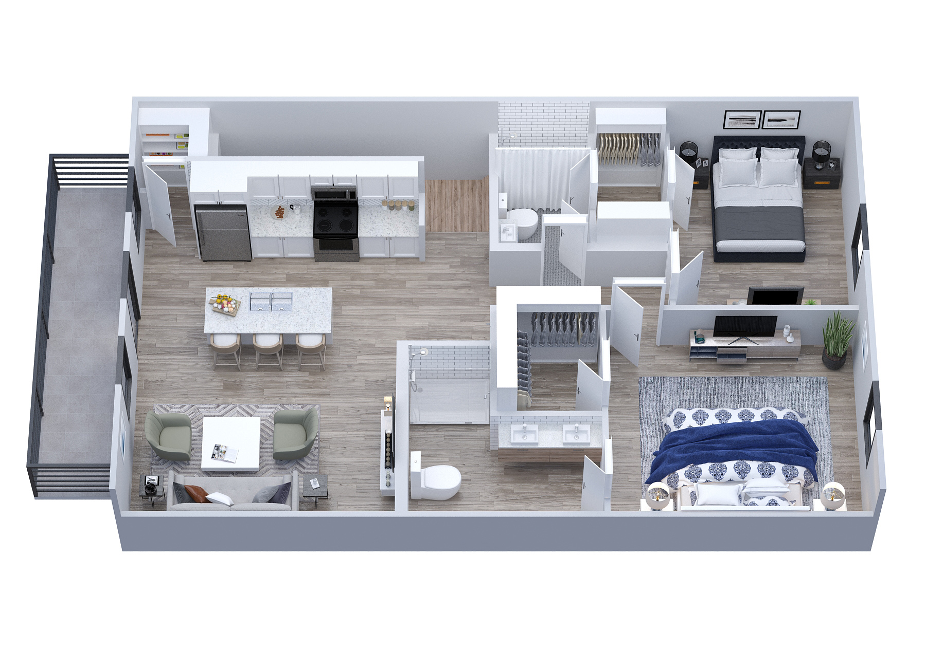 3d second floor floor plan of a luxury townhome in Tuscaloosa, AL - Conceptual drawing of River District Towmnhomes